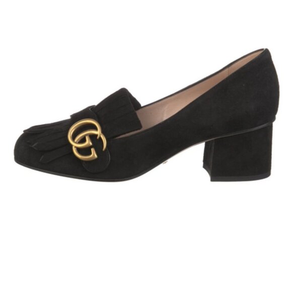 Gucci GG Marmont Fringe 50mm Loafer Pumps Black Suede Size EU 37 US 7 - Picture 1 of 10